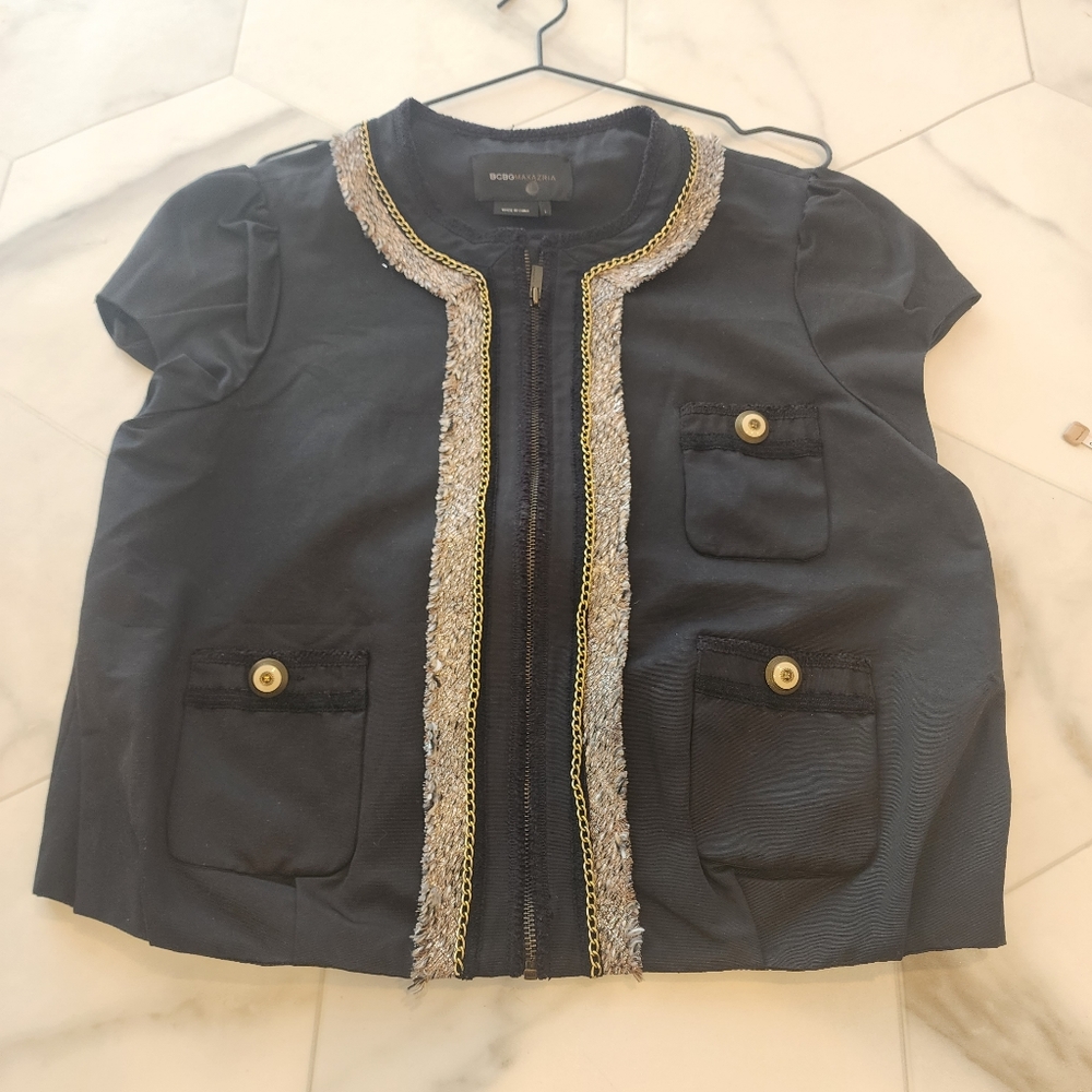 BCBG MAXAZRIA,WOMENS L, stunning black short sleeve, zip up blazer jacket ♥️ 💕